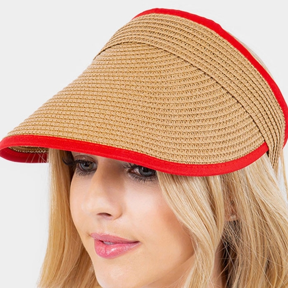 Red Trimmed Brim Straw Visor Womens Sun Hat Cap Cute Statement Accessory - Picture 3 of 3